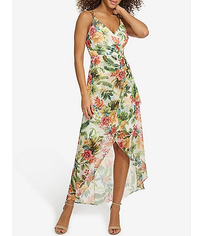 SIENA Chiffon Floral Print V-Neck Sleeveless Chain Strap Surplice Pleated High Low Dress