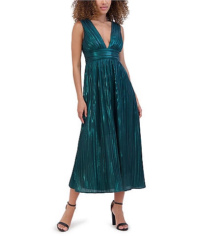 SIENA Deep V-Neck Foiled Plisse Midi Dress