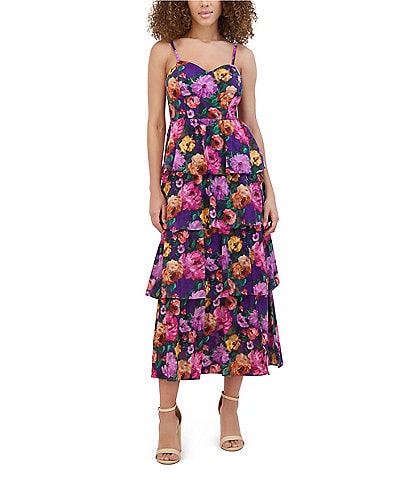 SIENA Floral Burnout Chiffon Sweetheart Neck Sleeveless Tiered Side Slit Midi Dress