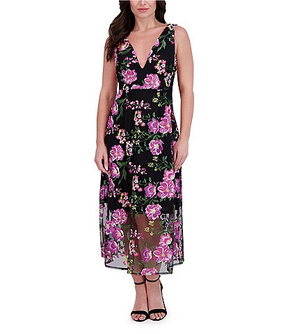SIENA Floral Embroidered Mesh Plunge V-Neck Sleeveless A-Line Midi Dress