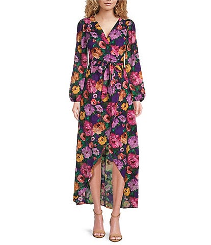 SIENA Floral Print Burnout Chiffon V-Neck Long Sleeve Faux Wrap Tie Waist Tulip Hem Midi Dress