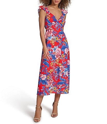 SIENA Floral Print V-Neck Flutter Sleeve Back Cutout Midi Dress