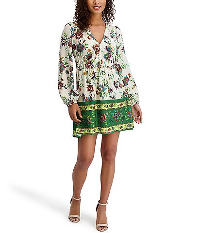 SIENA Floral Print V-Neck Long Sleeve Woven Shift Mini Dress