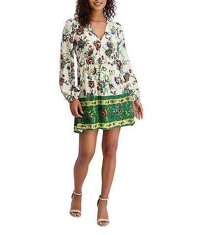 SIENA Floral Print V-Neck Long Sleeve Woven Shift Mini Dress