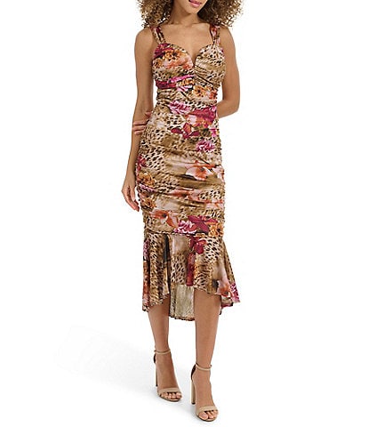 SIENA Printed Mesh Split Square Neck Sleeveless Ruched Flounce Hem Midi Dress