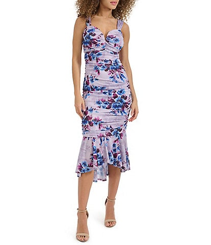 SIENA Printed Mesh Split Square Neck Sleeveless Ruched Flounce Hem Midi Dress