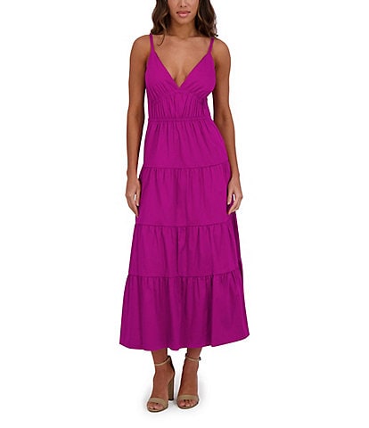 SIENA Solid Stretch Cotton Blend Plunge V-Neck Sleeveless Tiered Hem A-Line Maxi Dress
