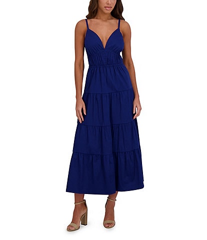 SIENA Solid Stretch Cotton Blend Plunge V-Neck Sleeveless Tiered Hem A-Line Maxi Dress