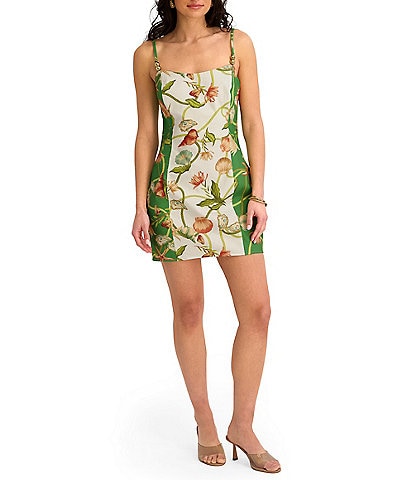 SIENA Square Neck Hardware Strap Seashell Print Sheath Mini Dress