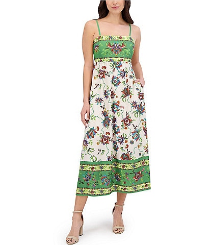 SIENA Square Neck Sleeveless Floral Print Woven Smocked Back Midi Dress