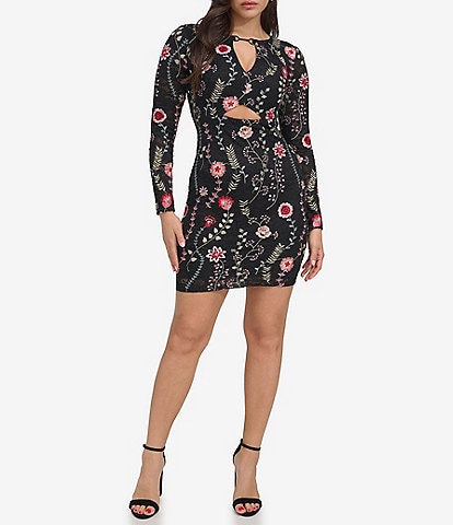 SIENA Stretch Floral Embroidered Lace Keyhole Neck Long Sleeve Dress