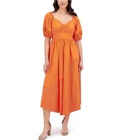 SIENA Sweetheart Neck Short Sleeve Stretch Woven Smocked Back Midi Dress
