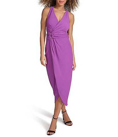 SIENA Textured Knit V-Neck Sleeveless O-Ring Wrap Tulip Hem Midi Dress