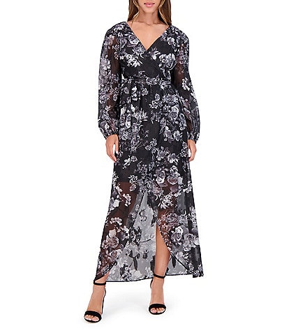 SIENA V-Neck Long Sleeves Floral Print Chiffon Faux Wrap Midi Dress