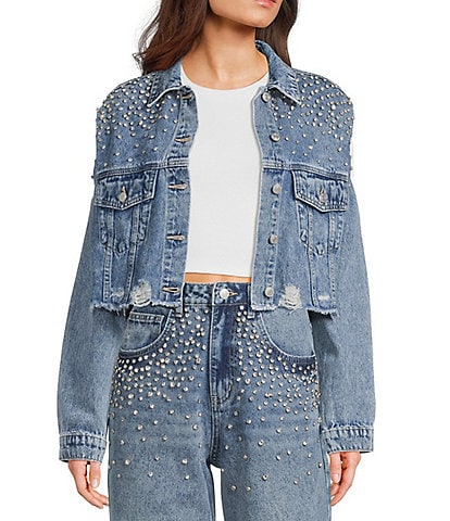Signature 8 Rhinestone Beaded Cropped Long Sleeve Distressed Denim Jacket