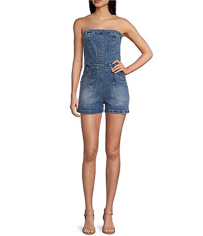 Signature 8 Strapless Denim Rhinestone Romper