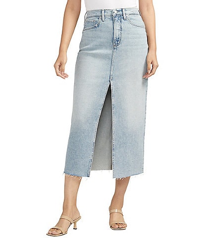 Silver Jeans Co. High Rise Front Slit Denim Midi Skirt