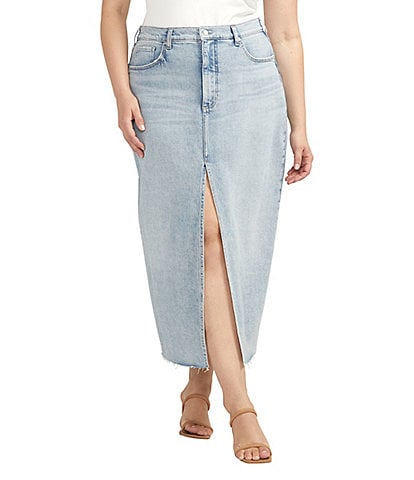 Silver Jeans Co. Plus Size Front Slit Midi Raw Hem Jean Skirt