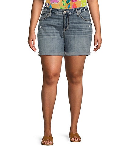 Silver Jeans Co. Plus Size Mid Rise Luxe Stretch Distressed Details Rolled Hem Boyfriend Shorts