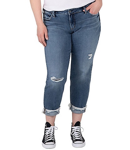 Silver Jeans Co. Plus Size Mid Rise Slim Leg Distressed Rolled Cuff Boyfriend Jean