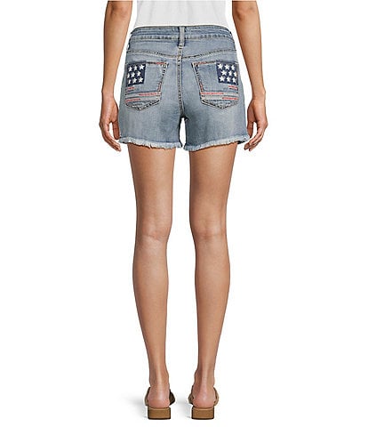 Silver Jeans Co. Suki Mid Rise Americana Embroidered Frayed Hem Power Stretch Shorts