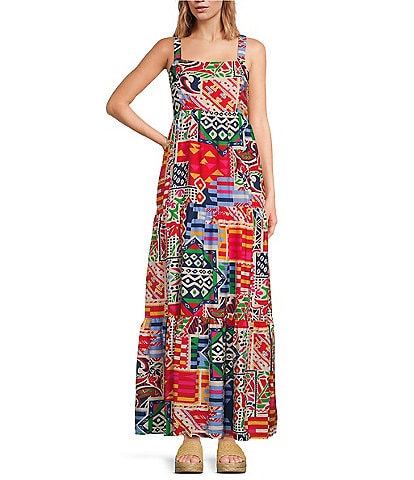 Skies Are Blue Abstract Print Square Neck Sleeveless Maxi Dress
