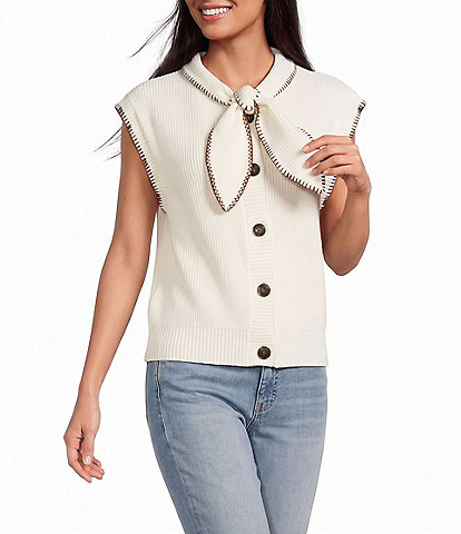 Skies Are Blue Blanket Stitch Tie Neck Cap Sleeve Button Front Sweater Knit Top