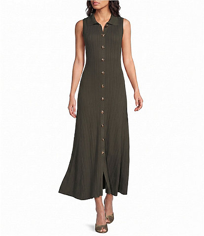 Skies Are Blue Collard V-Neck Sleeveless Button Front Knit Maxi Dress