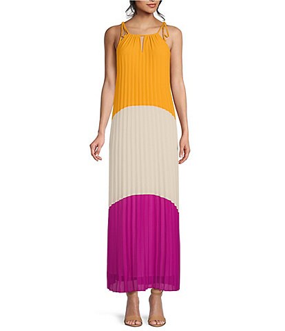 Skies Are Blue Color Blocked Pleated Scoop Neck Sleeveless Maxi Dress