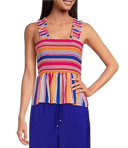 Skies Are Blue Colorful Stripe Print Smocked Square Neck Sleeveless Peplum Top