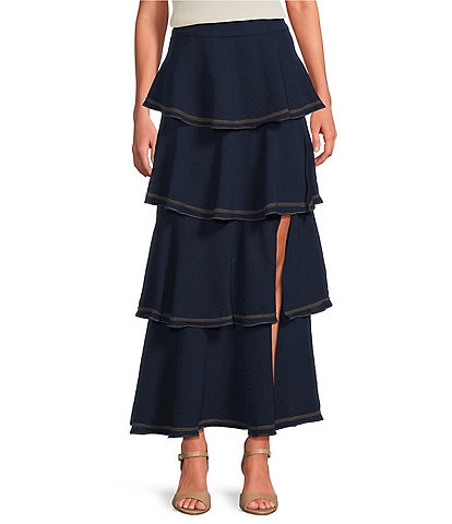 Skies Are Blue Contrast Stitch Ruffle Tiered Maxi Skirt