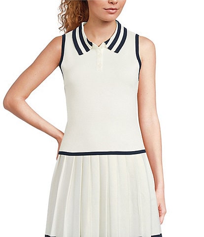 Skies Are Blue Contrast Trim Collared Neck Sleeveless Coordinating Knit Top