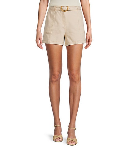 Skies Are Blue Cotton Twill High Waisted Rattan Belted Shorts