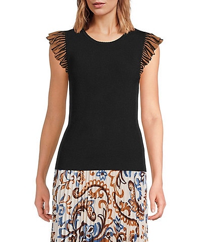 Skies Are Blue Crew Neck Contrast Ruffle Cap Sleeve Knit Top