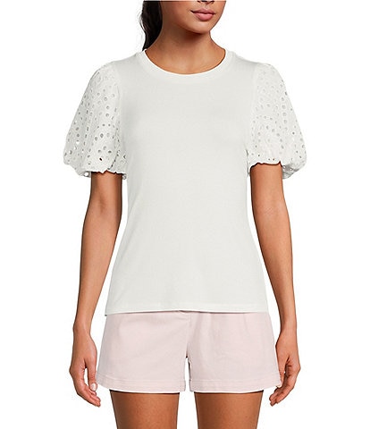 Skies Are Blue Crew Neck Eyelet Lace Short Puffed Sleeve Knit Top