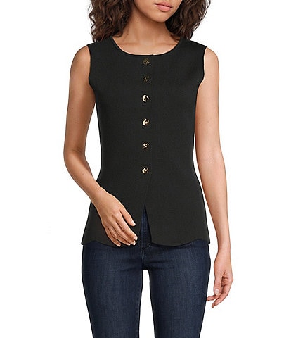 Skies Are Blue Crew Neck Sleeveless Button Front Knit Peplum Vest