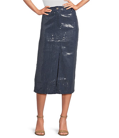 Skies Are Blue Denim Sequin Midi Skirt