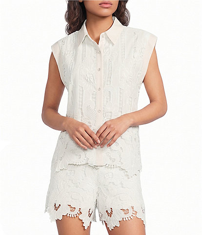 Skies Are Blue Floral Lace Collared Neck Sleeveless Coordinating Button Front Top