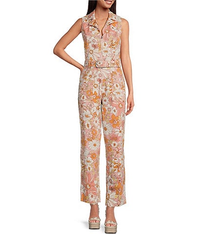 Skies Are Blue Floral Notch Collar Sleeveless Zip Front Straight Leg Jumpsuit