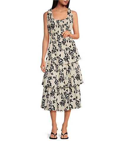 Skies Are Blue Floral Print Scoop Neck Ribbon Tie Tiered Poplin Midi Dress