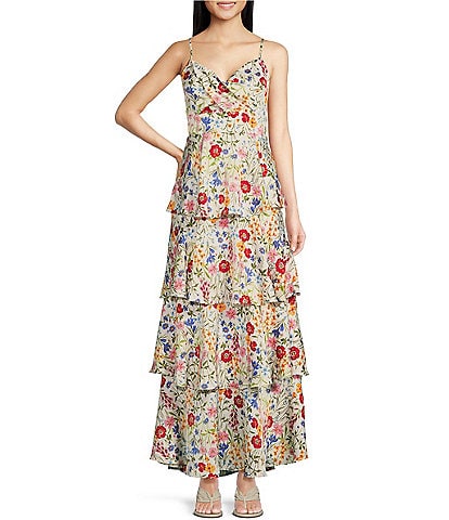 Skies Are Blue Floral Print Sweethart Neck Sleeveless Tiered Maxi Dress