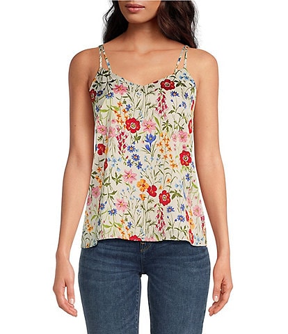 Skies Are Blue Floral Print V Neckline Double Strap Tank Top