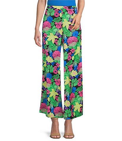Skies Are Blue Floral Print Wide Leg Soft Woven Flat Front Pants