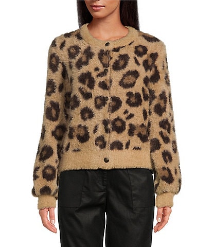 Skies Are Blue Fuzzy Leopard Print Crew Neck Long Sleeve Button Front Cardigan