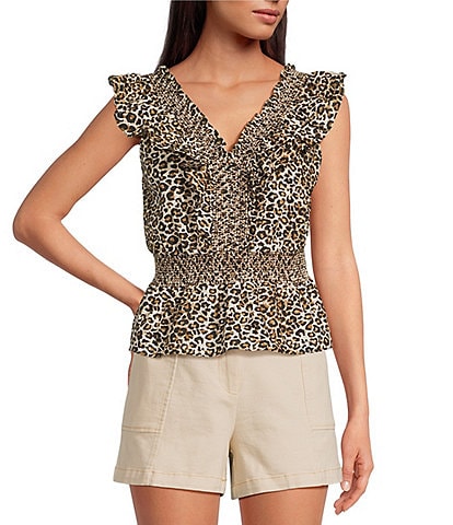 Skies Are Blue Leopard Poplin V-Neck Ruffle Cap Sleeve Smocked Peplum Top