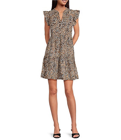 Skies Are Blue Leopard Print Split V-Neck Ruffle Cap Sleeves Shift Mini Dress