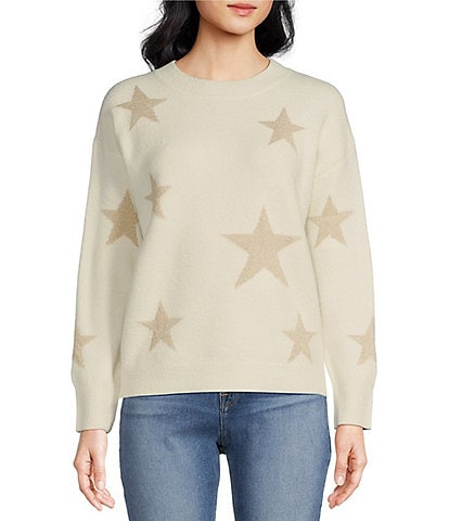 Skies Are Blue Lurex Star Print Crew Neck Long Sleeve Oversized Sweater