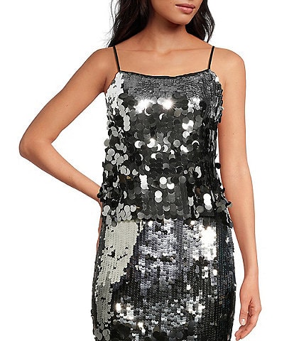 Skies Are Blue Mirror Paillettes Sequin Square Neck Sleeveless Coordinating Cami Top