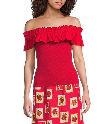 Skies Are Blue Mixed Media Off-The-Shoulder Ruffle Detail Top