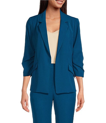 Skies Are Blue Notch Lapel Shirred 3/4 Sleeve Open Front Statement Blazer